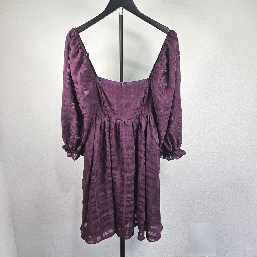 Storia Babydoll Dress Womens Small Purple Puff Sleeve Textured Grid Cottagecore